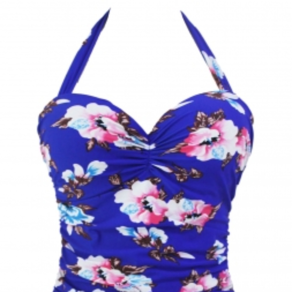 Floral Print Royal Blue Retro One Piece Swimsuit
